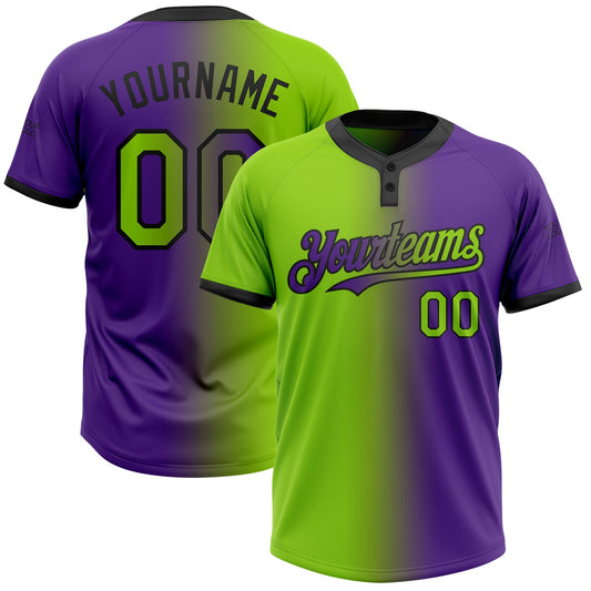 Custom Purple Neon Green-Black Gradient Fashion Two-Button Unisex Softball Jersey - Main View