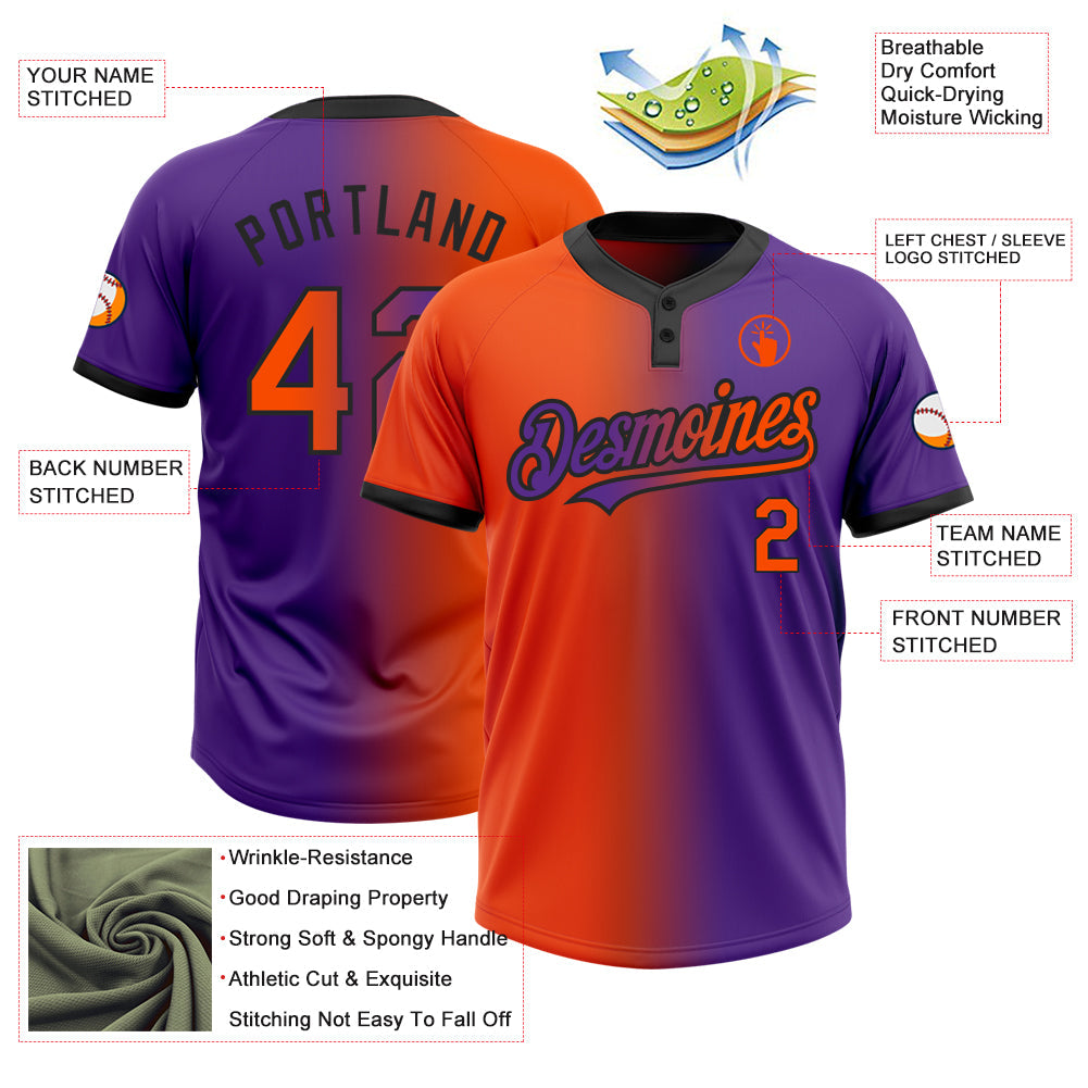 Custom Purple Orange-Black Gradient Fashion Two-Button Unisex Softball Jersey view 3