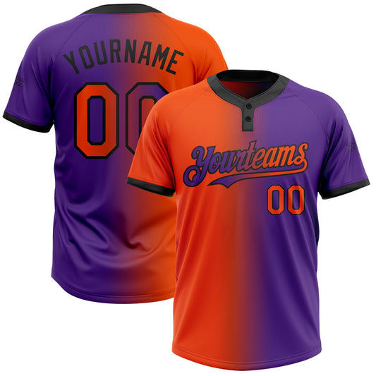 Custom Purple Orange-Black Gradient Fashion Two-Button Unisex Softball Jersey - Main View