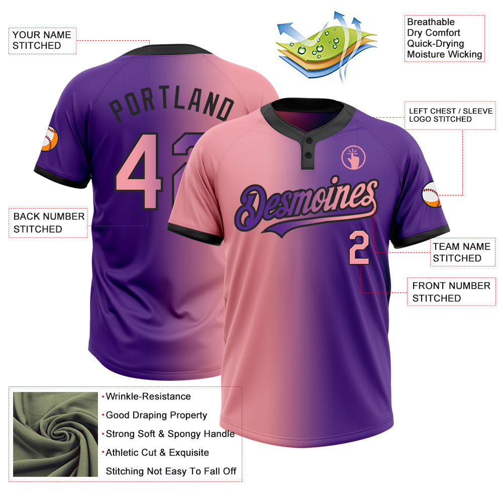Custom Purple Medium Pink-Black Gradient Fashion Two-Button Unisex Softball Jersey view 3