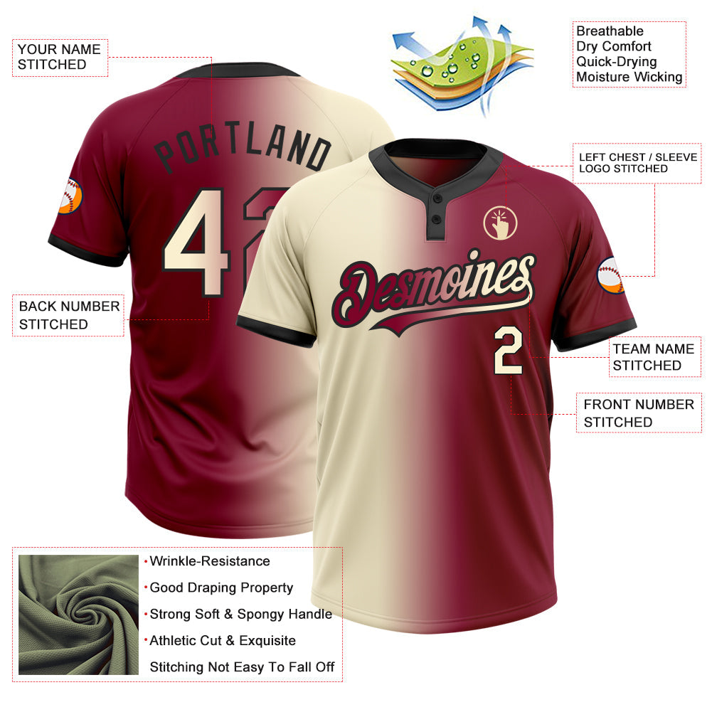 Custom Maroon Cream-Black Gradient Fashion Two-Button Unisex Softball Jersey view 3