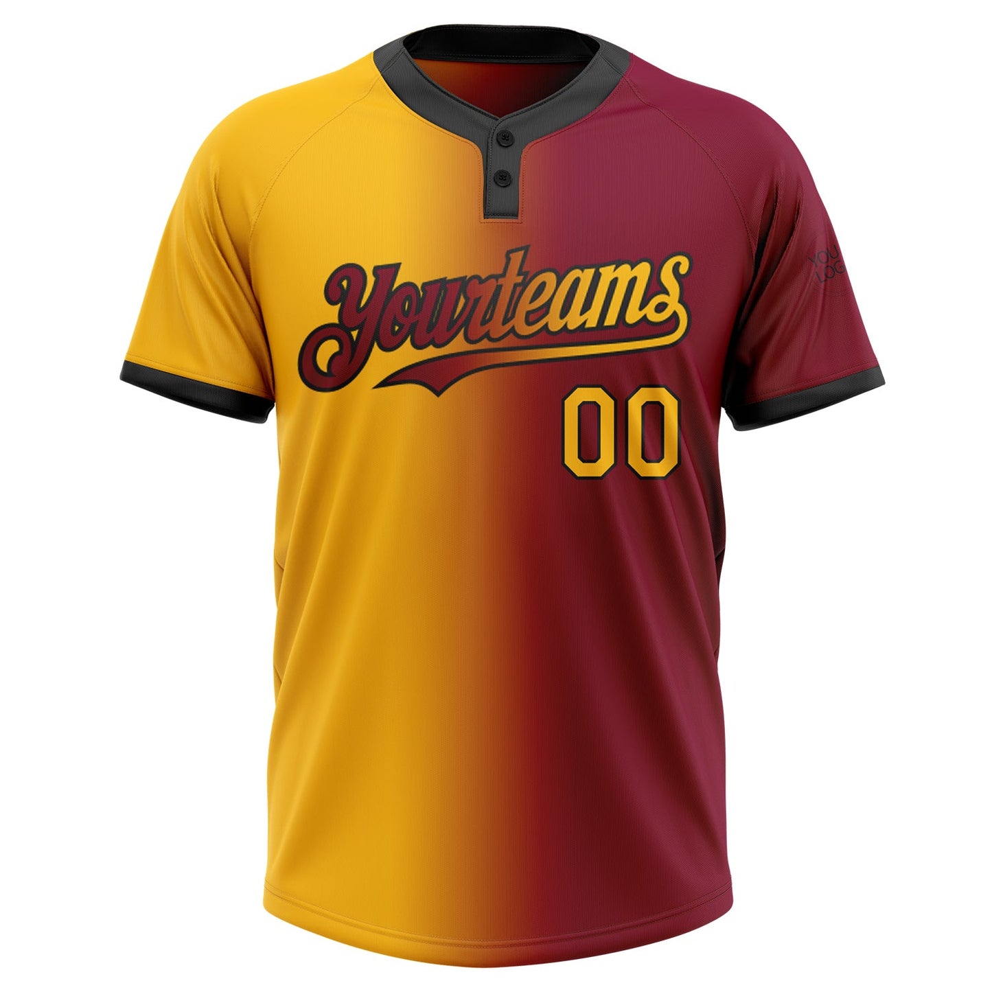 Custom Maroon Gold-Black Gradient Fashion Two-Button Unisex Softball Jersey view 2