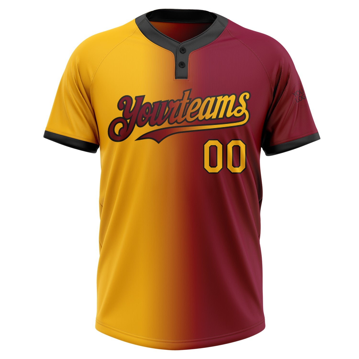 Custom Maroon Gold-Black Gradient Fashion Two-Button Unisex Softball Jersey view 2