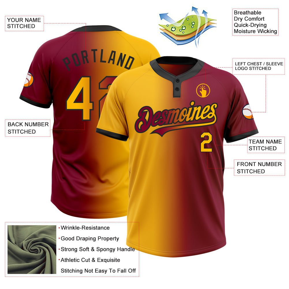 Custom Maroon Gold-Black Gradient Fashion Two-Button Unisex Softball Jersey view 3