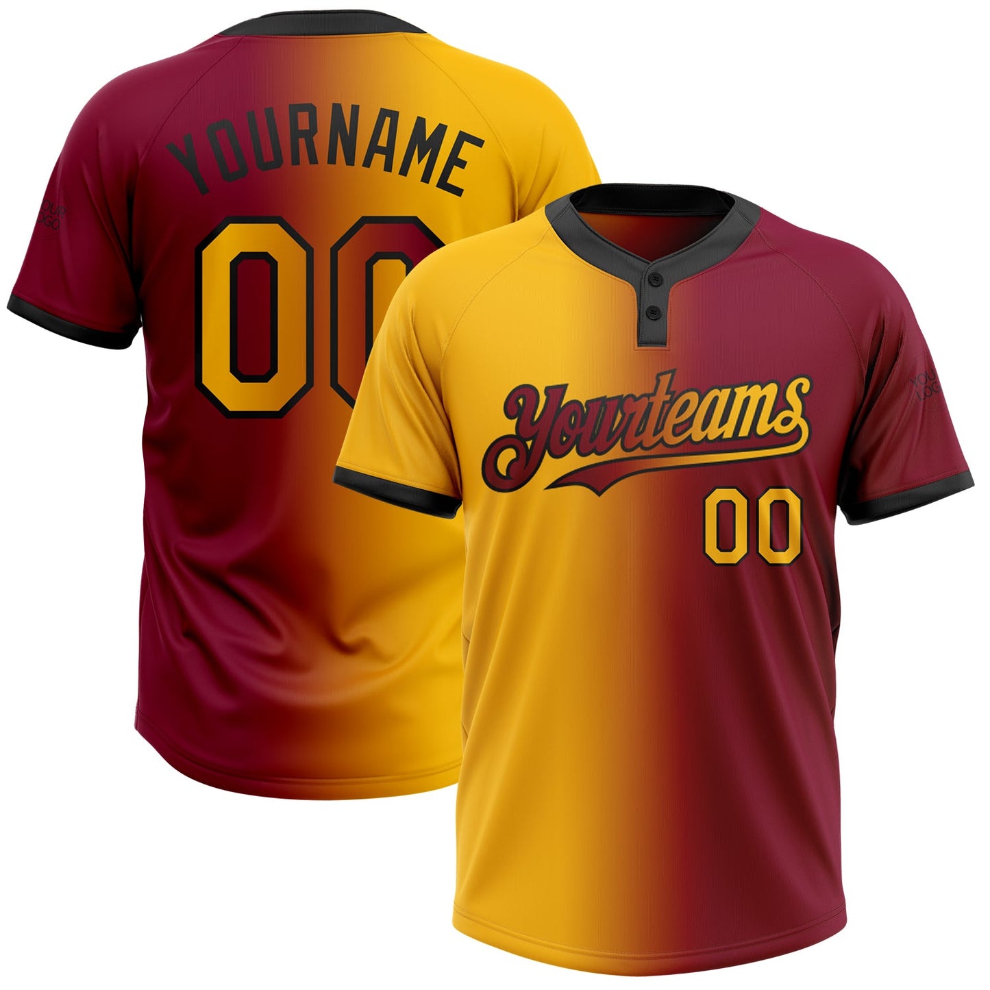Custom Maroon Gold-Black Gradient Fashion Two-Button Unisex Softball Jersey - Main View