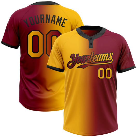 Custom Maroon Gold-Black Gradient Fashion Two-Button Unisex Softball Jersey - Main View
