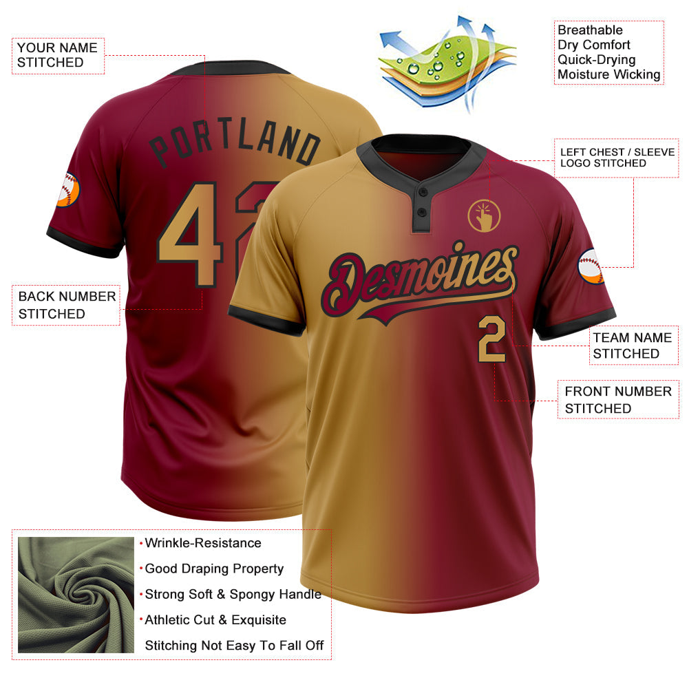 Custom Maroon Old Gold-Black Gradient Fashion Two-Button Unisex Softball Jersey view 3