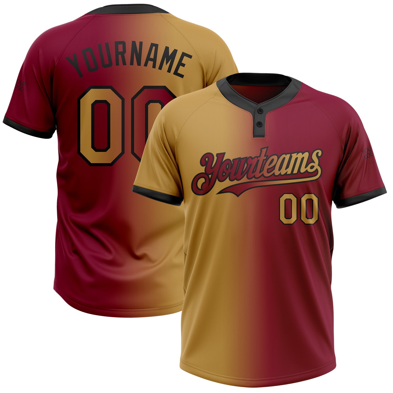 Custom Maroon Old Gold-Black Gradient Fashion Two-Button Unisex Softball Jersey - Main View