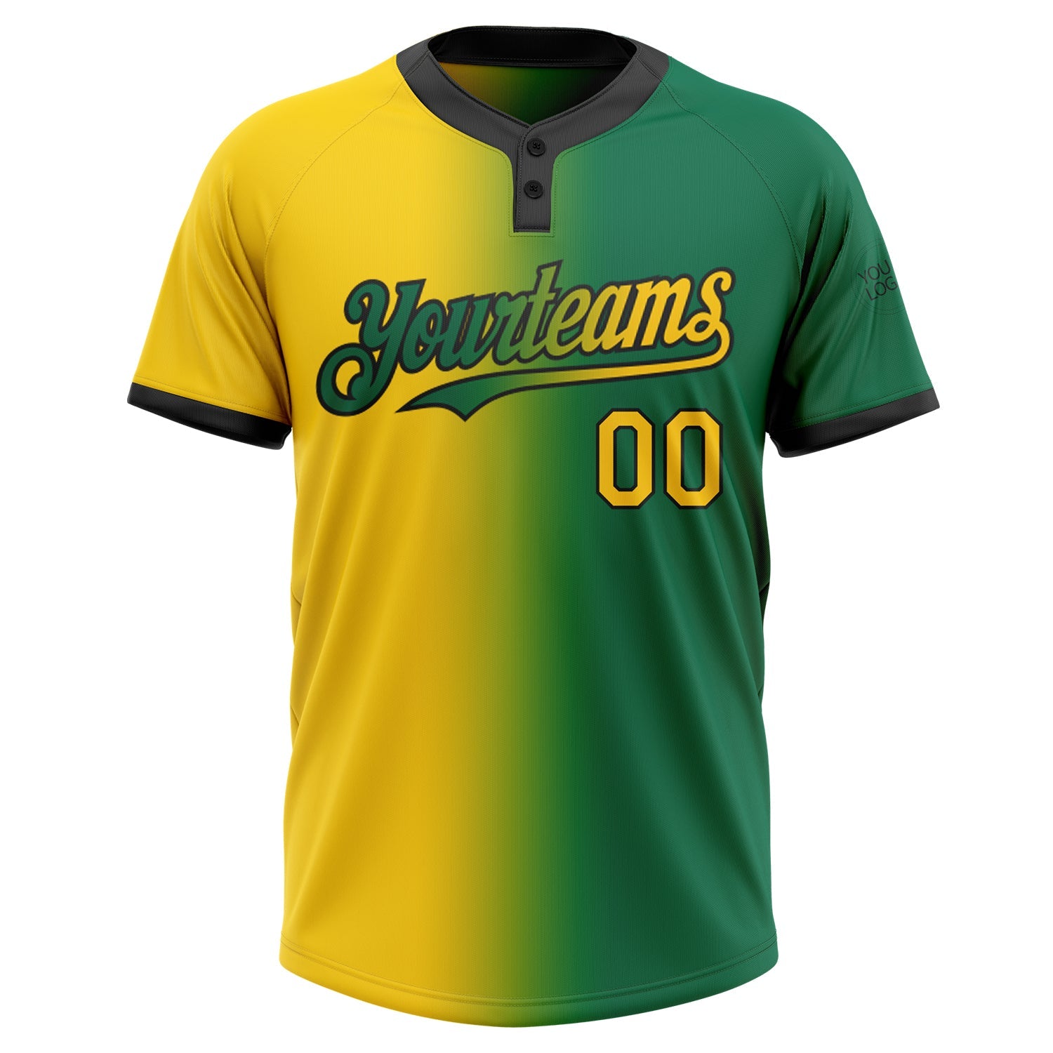 Custom Kelly Green Yellow-Black Gradient Fashion Two-Button Unisex Softball Jersey view 2