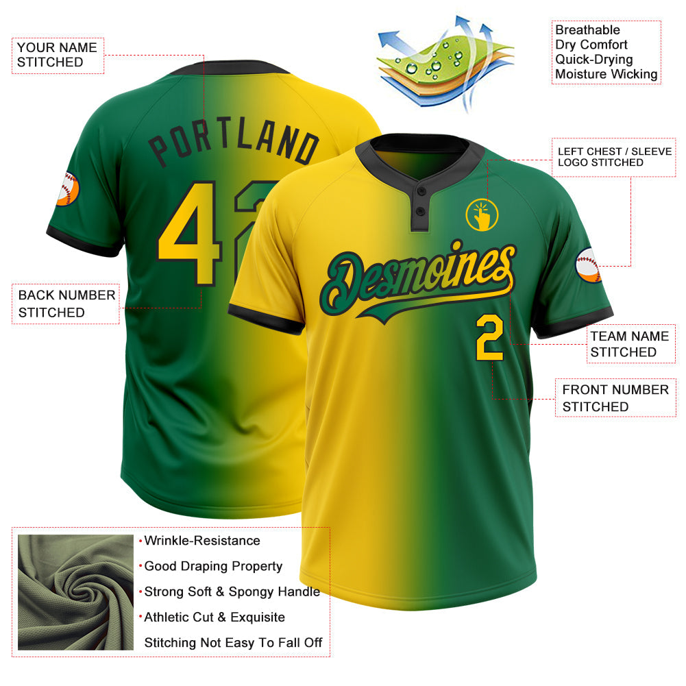 Custom Kelly Green Yellow-Black Gradient Fashion Two-Button Unisex Softball Jersey view 3