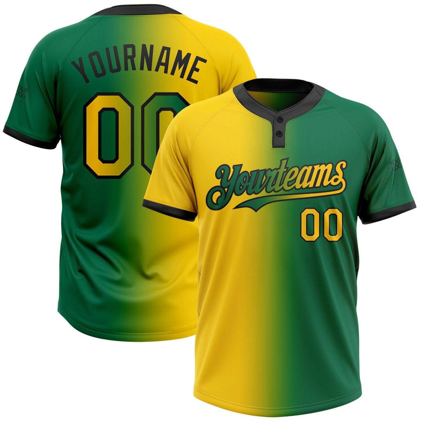 Custom Kelly Green Yellow-Black Gradient Fashion Two-Button Unisex Softball Jersey - Main View