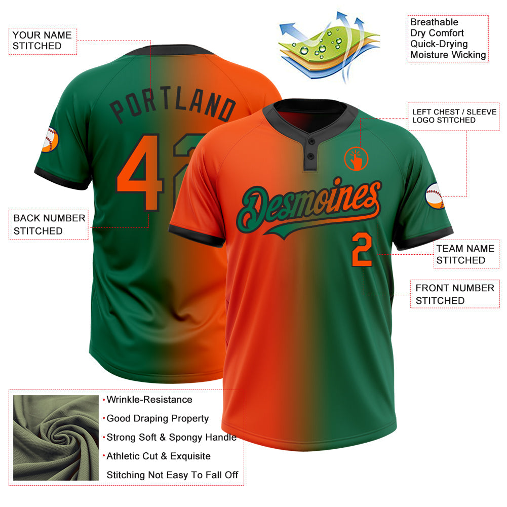 Custom Kelly Green Orange-Black Gradient Fashion Two-Button Unisex Softball Jersey view 3