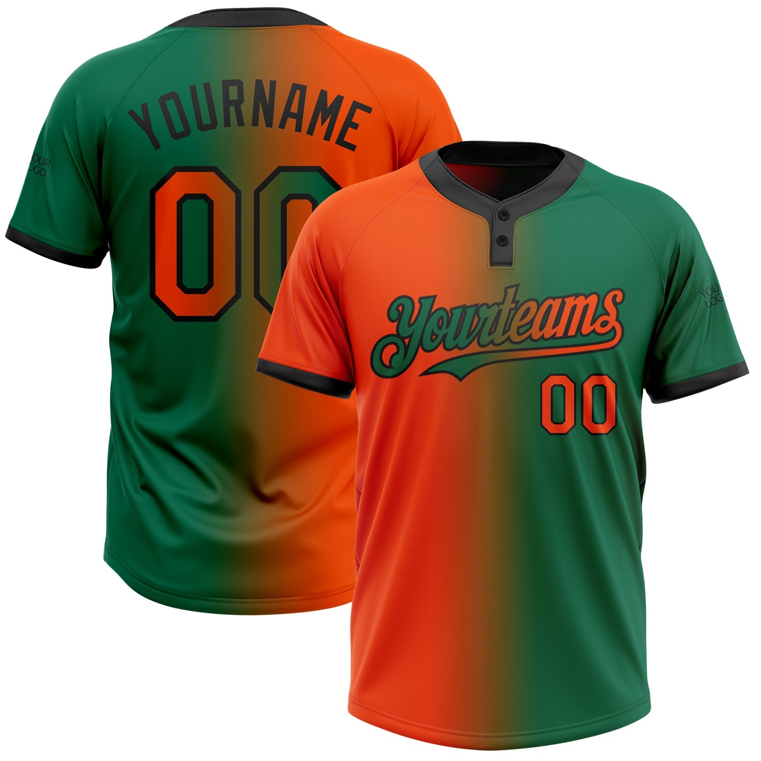 Custom Kelly Green Orange-Black Gradient Fashion Two-Button Unisex Softball Jersey - Main View