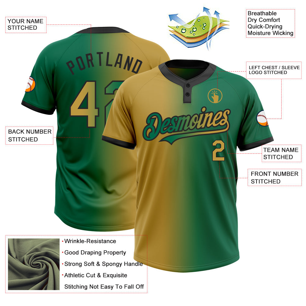 Custom Kelly Green Old Gold-Black Gradient Fashion Two-Button Unisex Softball Jersey view 3