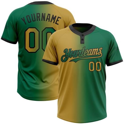 Custom Kelly Green Old Gold-Black Gradient Fashion Two-Button Unisex Softball Jersey - Main View