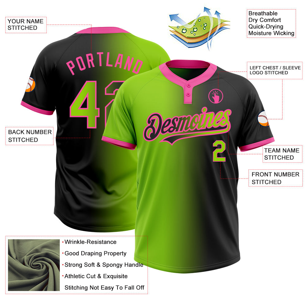 Custom Black Neon Green-Pink Gradient Fashion Two-Button Unisex Softball Jersey view 3