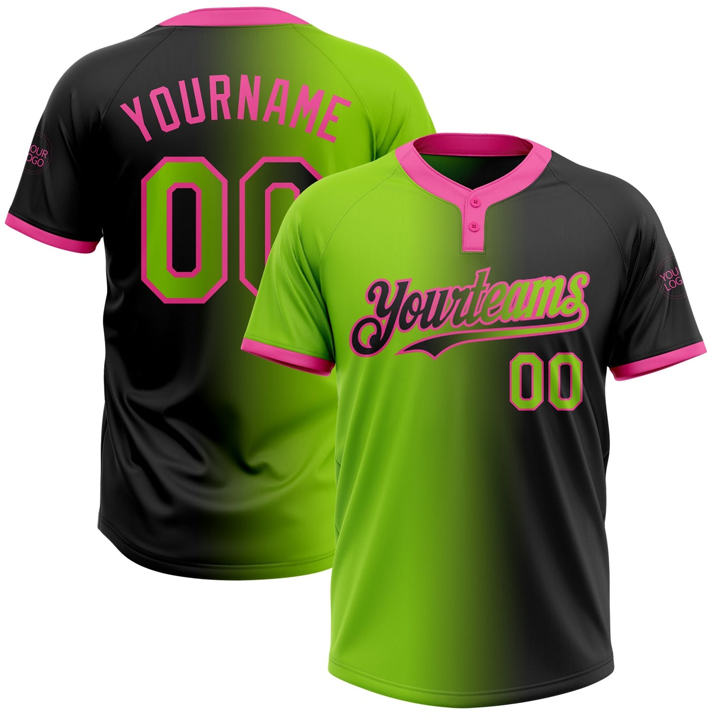 Custom Black Neon Green-Pink Gradient Fashion Two-Button Unisex Softball Jersey - Main View
