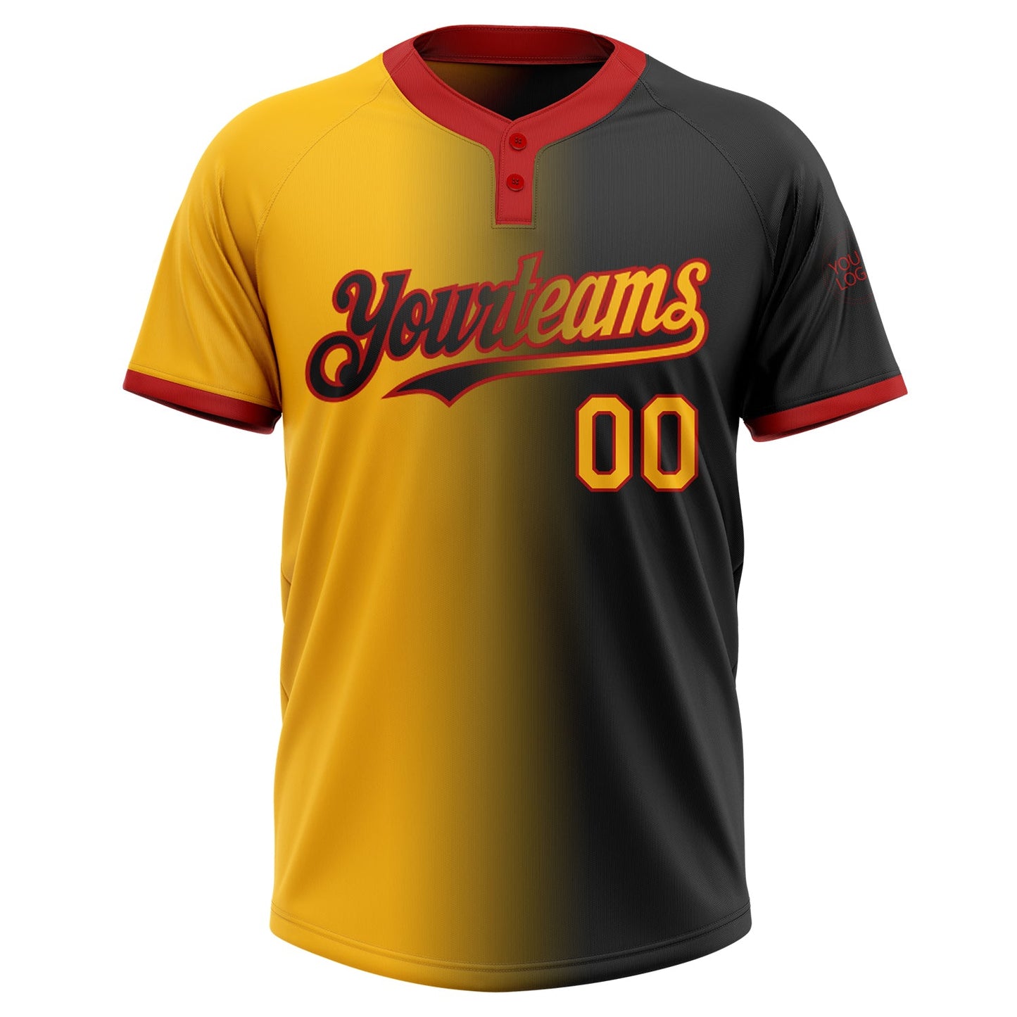 Custom Black Gold-Red Gradient Fashion Two-Button Unisex Softball Jersey view 2