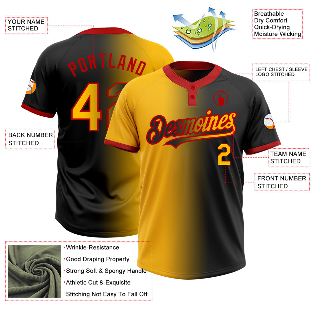 Custom Black Gold-Red Gradient Fashion Two-Button Unisex Softball Jersey view 3