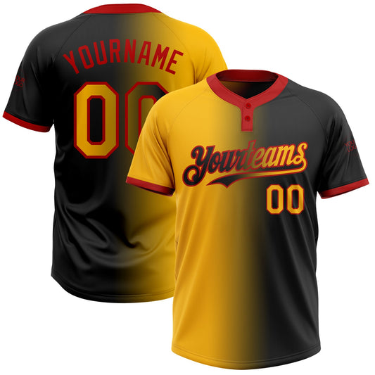 Custom Black Gold-Red Gradient Fashion Two-Button Unisex Softball Jersey - Main View