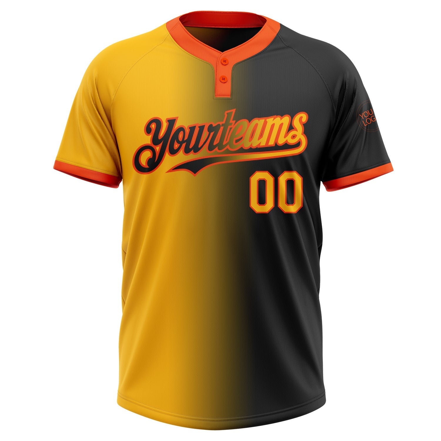 Custom Black Gold-Orange Gradient Fashion Two-Button Unisex Softball Jersey view 2