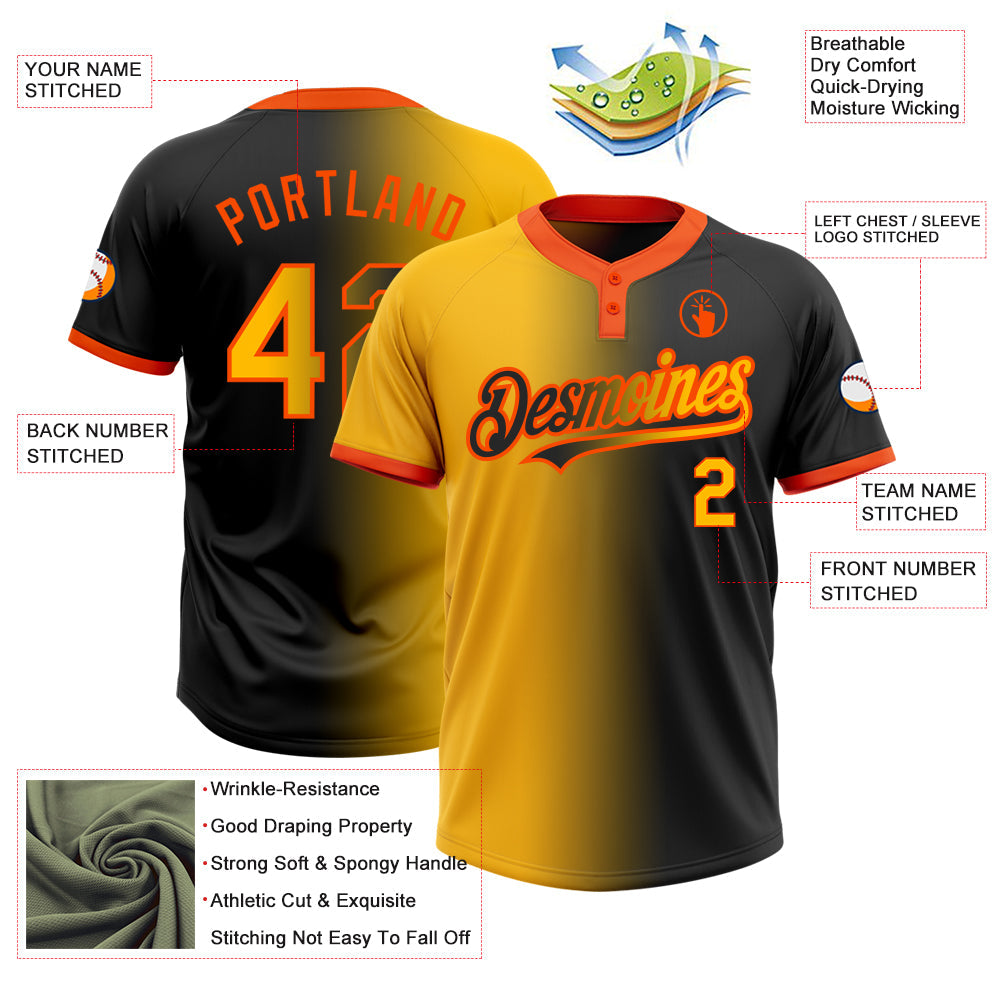Custom Black Gold-Orange Gradient Fashion Two-Button Unisex Softball Jersey view 3
