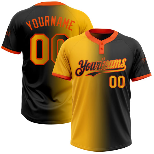 Custom Black Gold-Orange Gradient Fashion Two-Button Unisex Softball Jersey - Main View