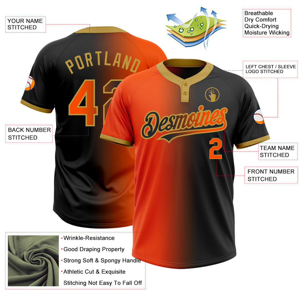 Custom Black Orange-Old Gold Gradient Fashion Two-Button Unisex Softball Jersey view 3