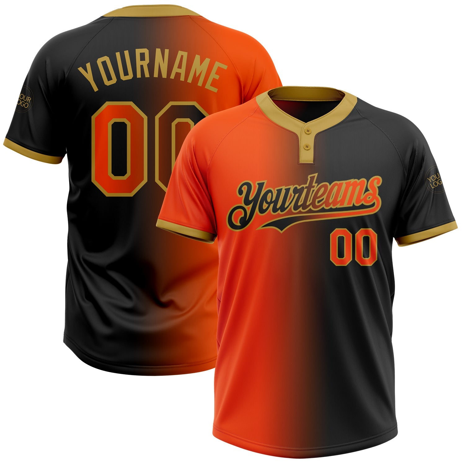 Custom Black Orange-Old Gold Gradient Fashion Two-Button Unisex Softball Jersey - Main View