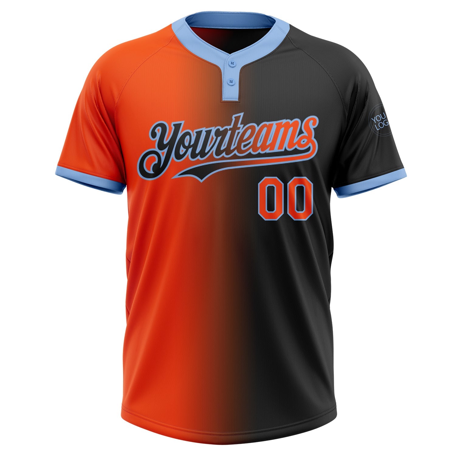 Custom Black Orange-Light Blue Gradient Fashion Two-Button Unisex Softball Jersey view 2