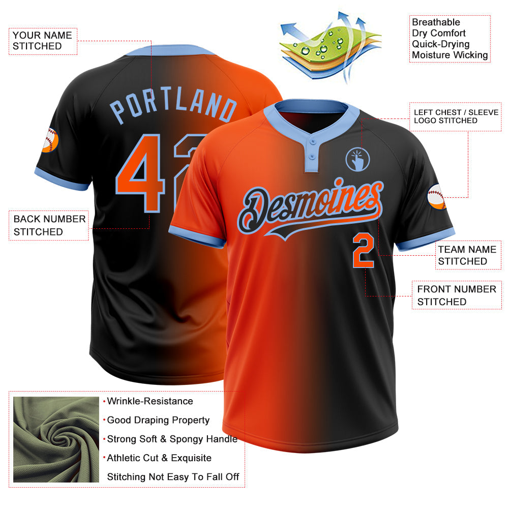 Custom Black Orange-Light Blue Gradient Fashion Two-Button Unisex Softball Jersey view 3