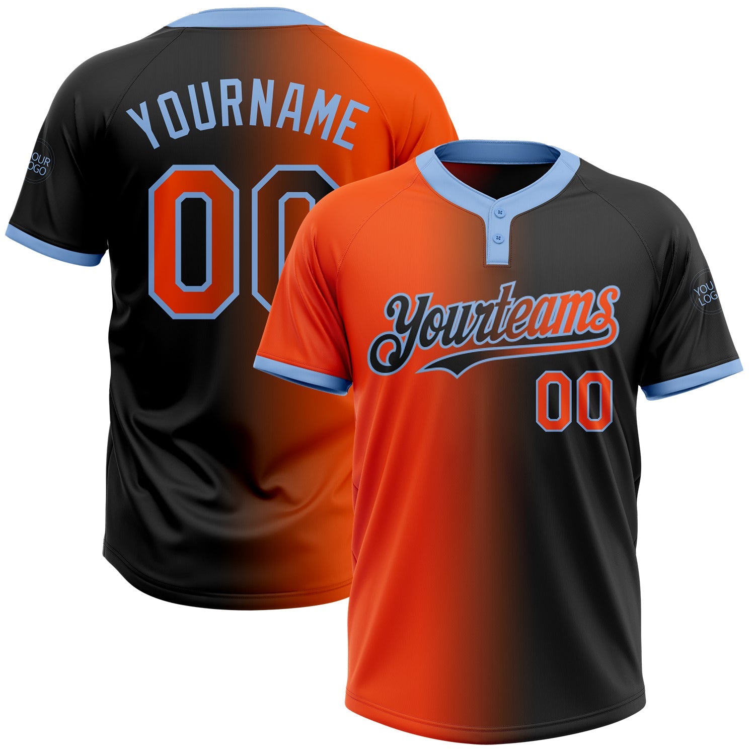 Custom Black Orange-Light Blue Gradient Fashion Two-Button Unisex Softball Jersey - Main View