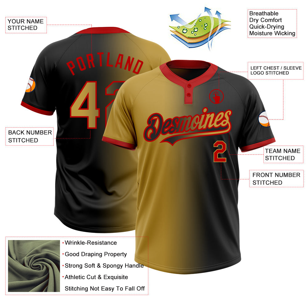 Custom Black Old Gold-Red Gradient Fashion Two-Button Unisex Softball Jersey view 3