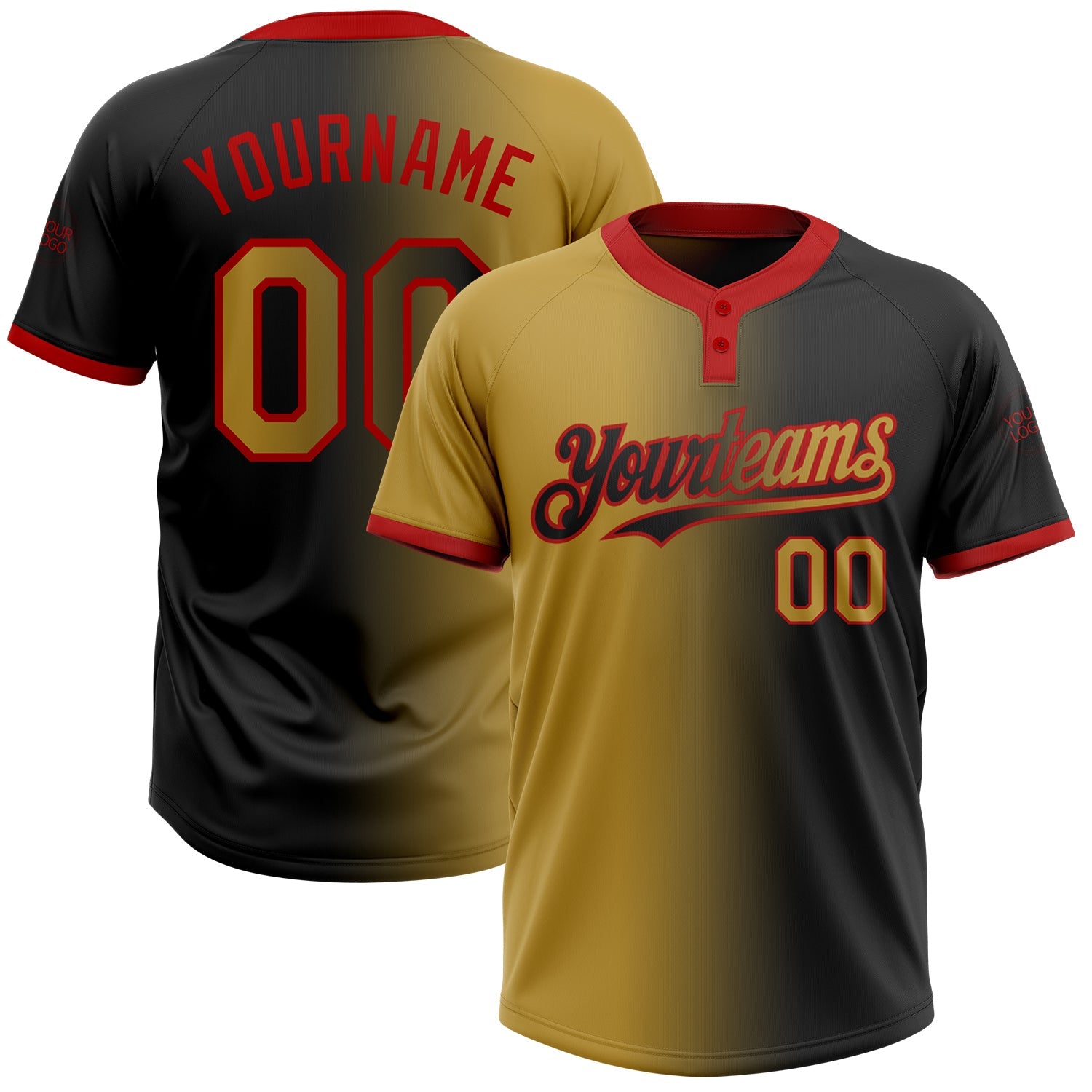 Custom Black Old Gold-Red Gradient Fashion Two-Button Unisex Softball Jersey - Main View