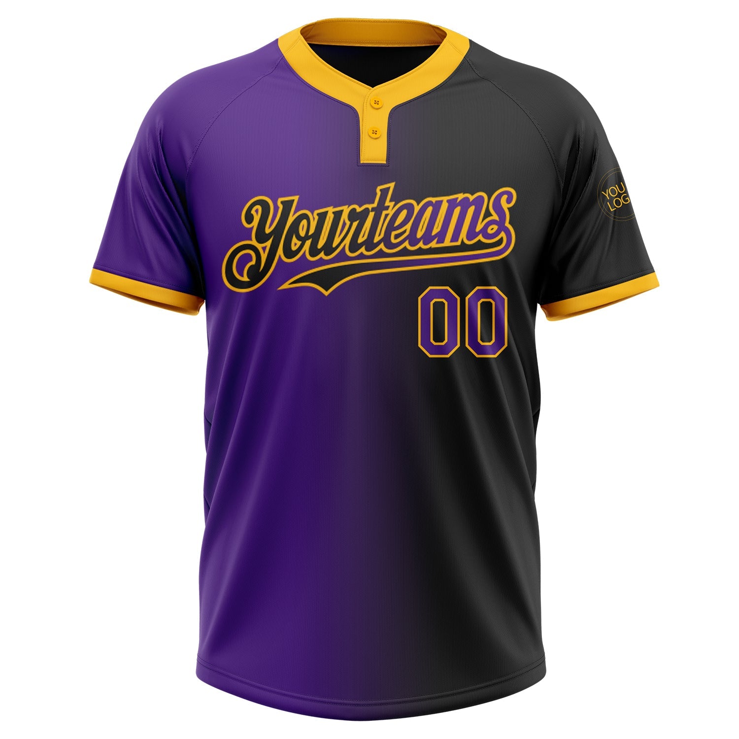 Custom Black Purple-Gold Gradient Fashion Two-Button Unisex Softball Jersey view 2