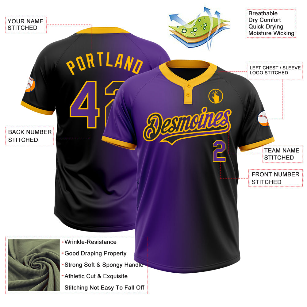 Custom Black Purple-Gold Gradient Fashion Two-Button Unisex Softball Jersey view 3