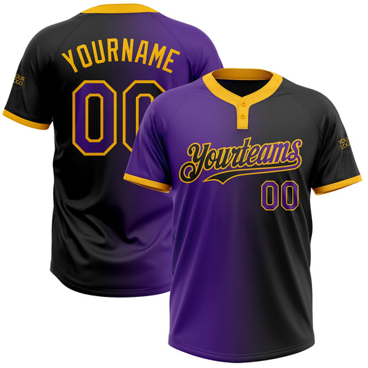 Custom Black Purple-Gold Gradient Fashion Two-Button Unisex Softball Jersey - Main View