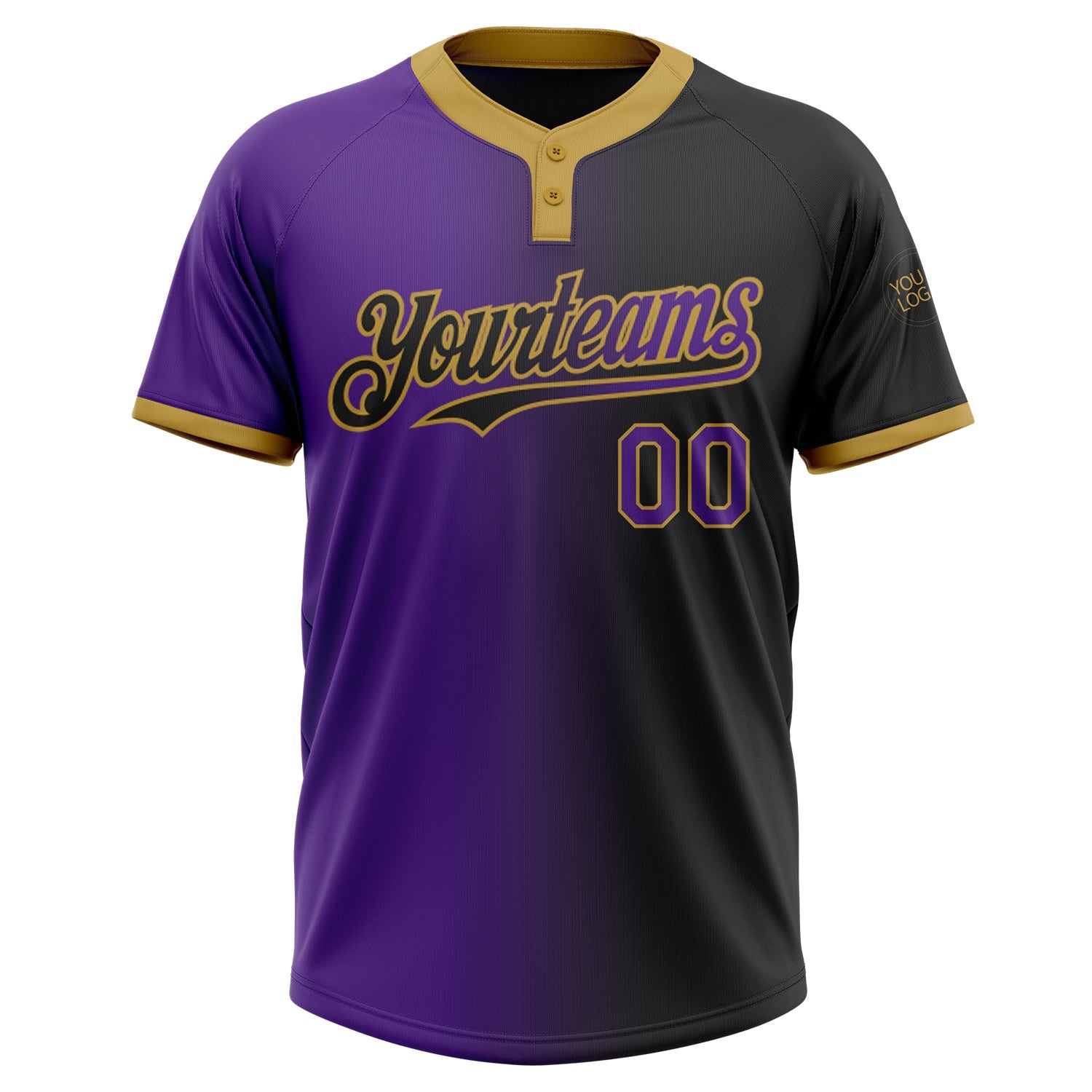 Custom Black Purple-Old Gold Gradient Fashion Two-Button Unisex Softball Jersey view 2