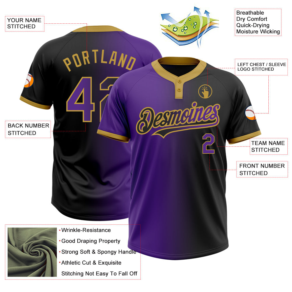 Custom Black Purple-Old Gold Gradient Fashion Two-Button Unisex Softball Jersey view 3