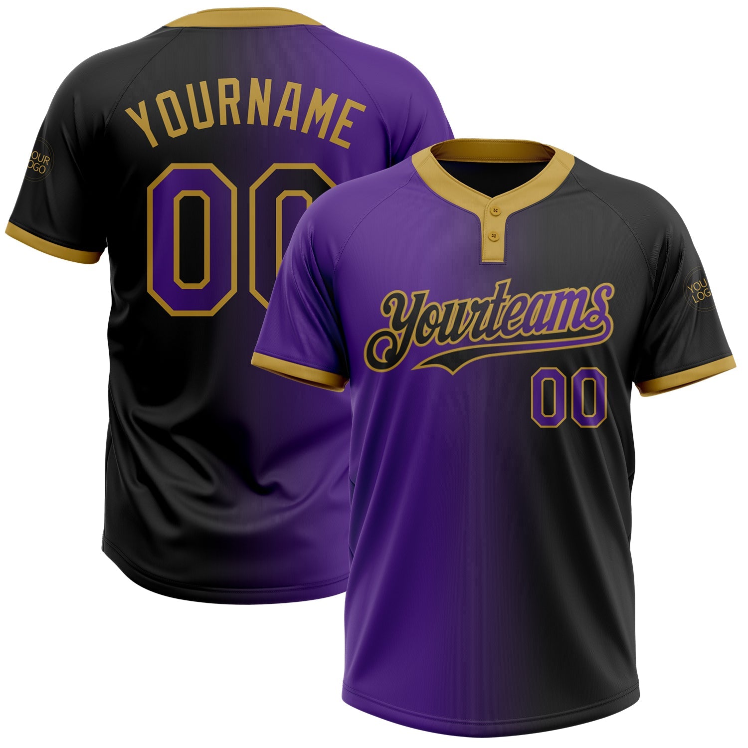 Custom Black Purple-Old Gold Gradient Fashion Two-Button Unisex Softball Jersey - Main View