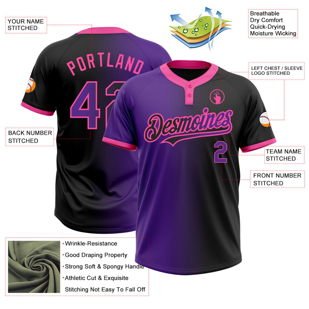 Custom Black Purple-Pink Gradient Fashion Two-Button Unisex Softball Jersey view 3