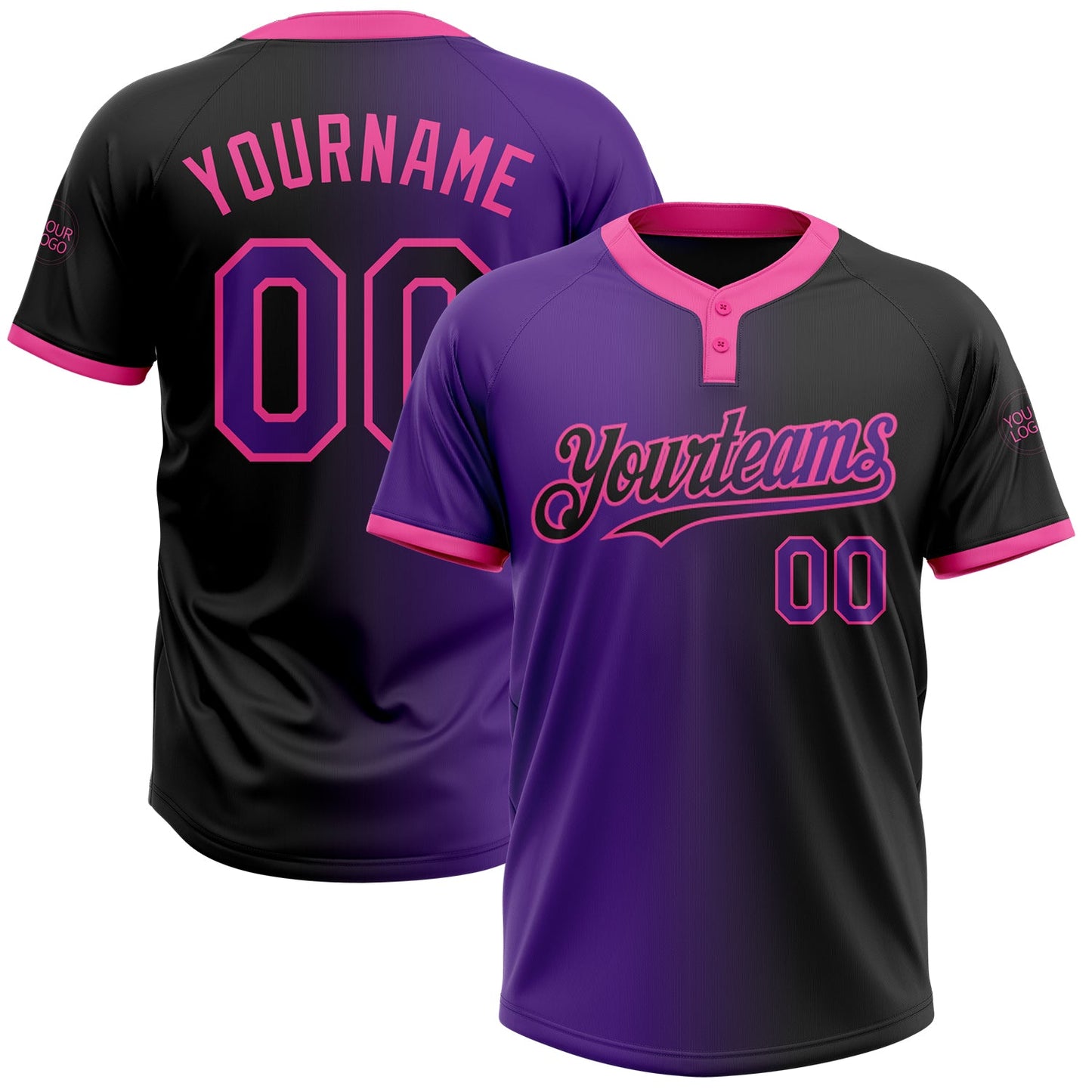 Custom Black Purple-Pink Gradient Fashion Two-Button Unisex Softball Jersey - Main View