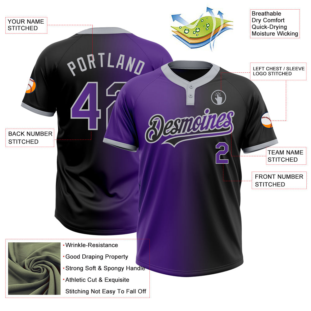 Custom Black Purple-Gray Gradient Fashion Two-Button Unisex Softball Jersey view 3