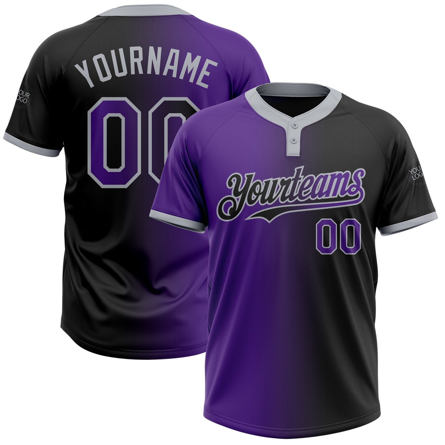 Custom Black Purple-Gray Gradient Fashion Two-Button Unisex Softball Jersey - Main View