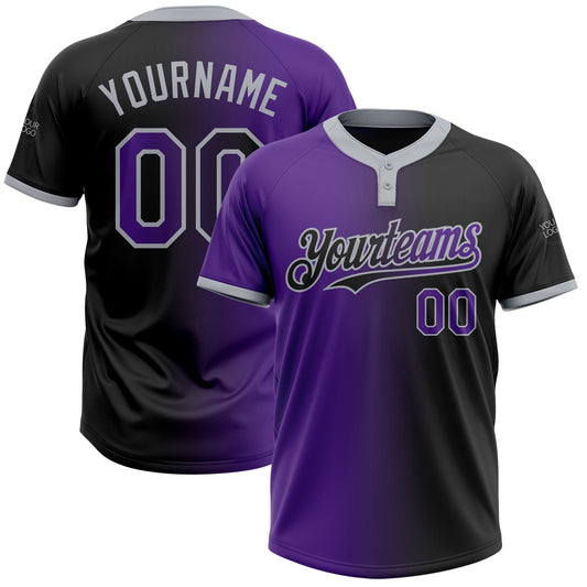 Custom Black Purple-Gray Gradient Fashion Two-Button Unisex Softball Jersey - Main View