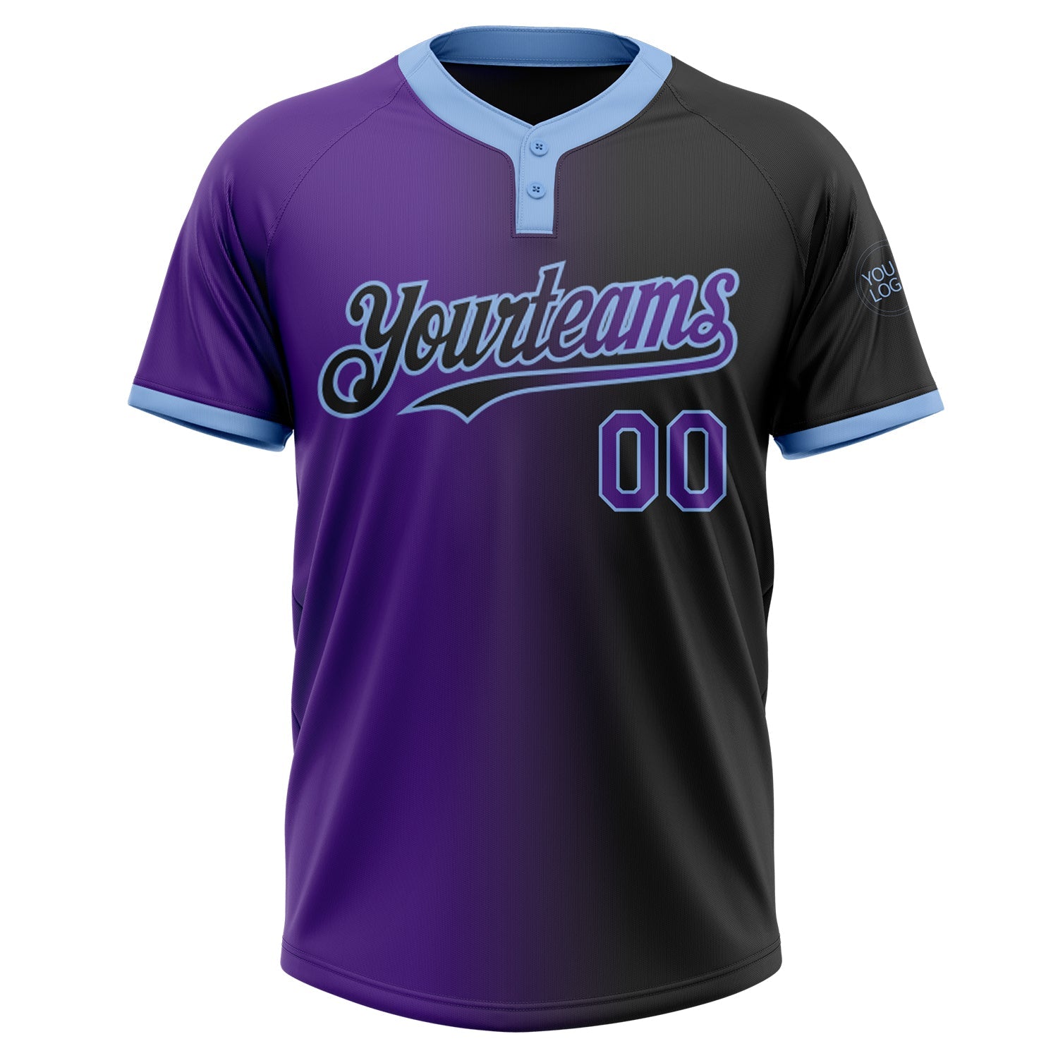 Custom Black Purple-Light Blue Gradient Fashion Two-Button Unisex Softball Jersey view 2