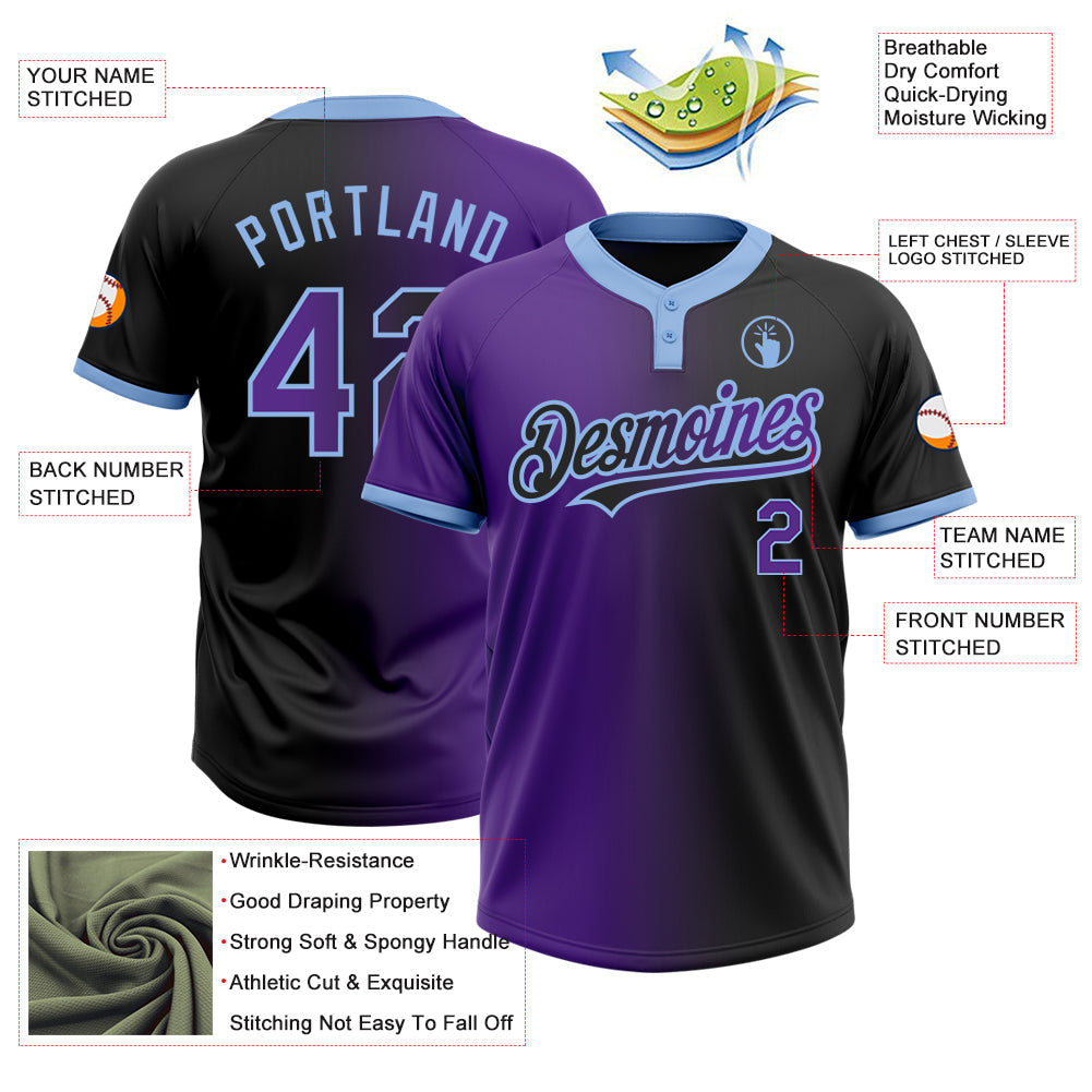 Custom Black Purple-Light Blue Gradient Fashion Two-Button Unisex Softball Jersey view 3