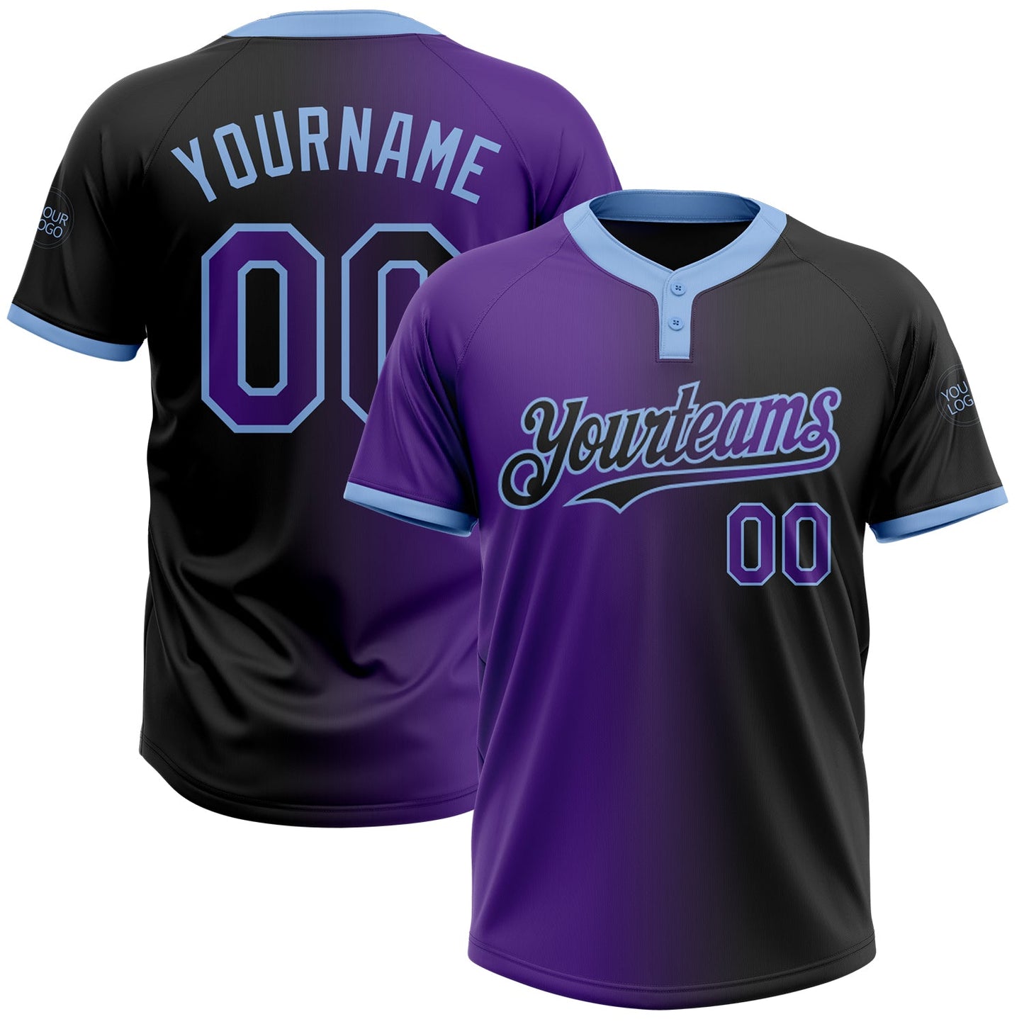 Custom Black Purple-Light Blue Gradient Fashion Two-Button Unisex Softball Jersey - Main View
