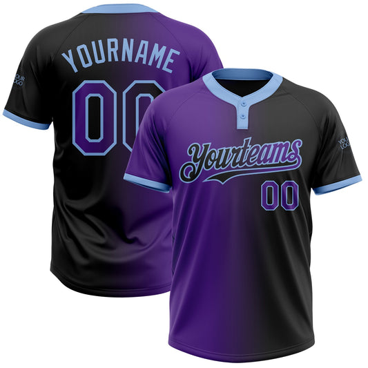 Custom Black Purple-Light Blue Gradient Fashion Two-Button Unisex Softball Jersey - Main View