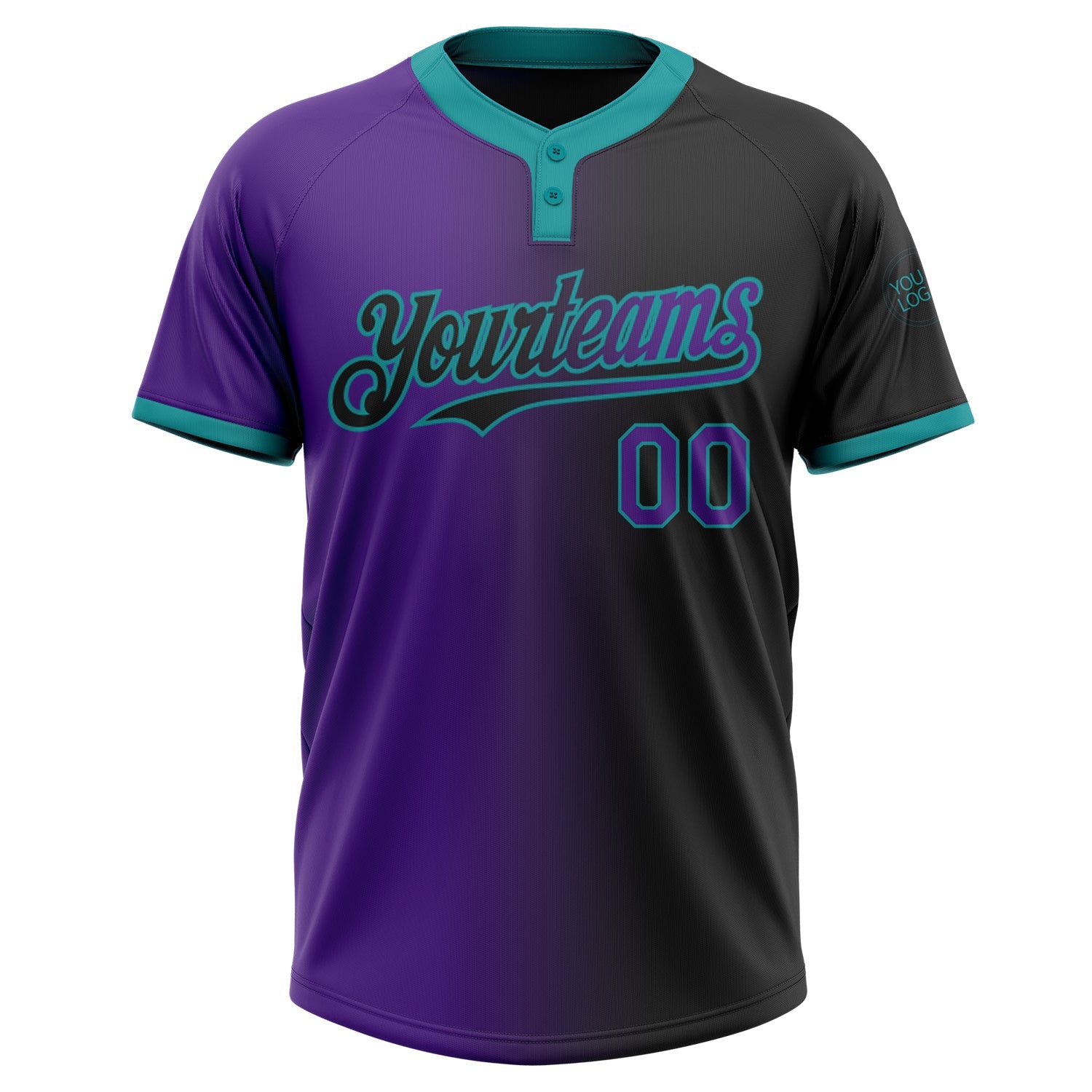 Custom Black Purple-Teal Gradient Fashion Two-Button Unisex Softball Jersey view 2